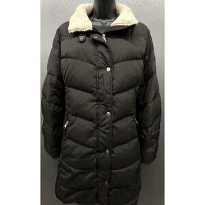 Lauren Ralph Lauren Down Coat L Black Sherpa Collar Zip Pockets Preppy Warm